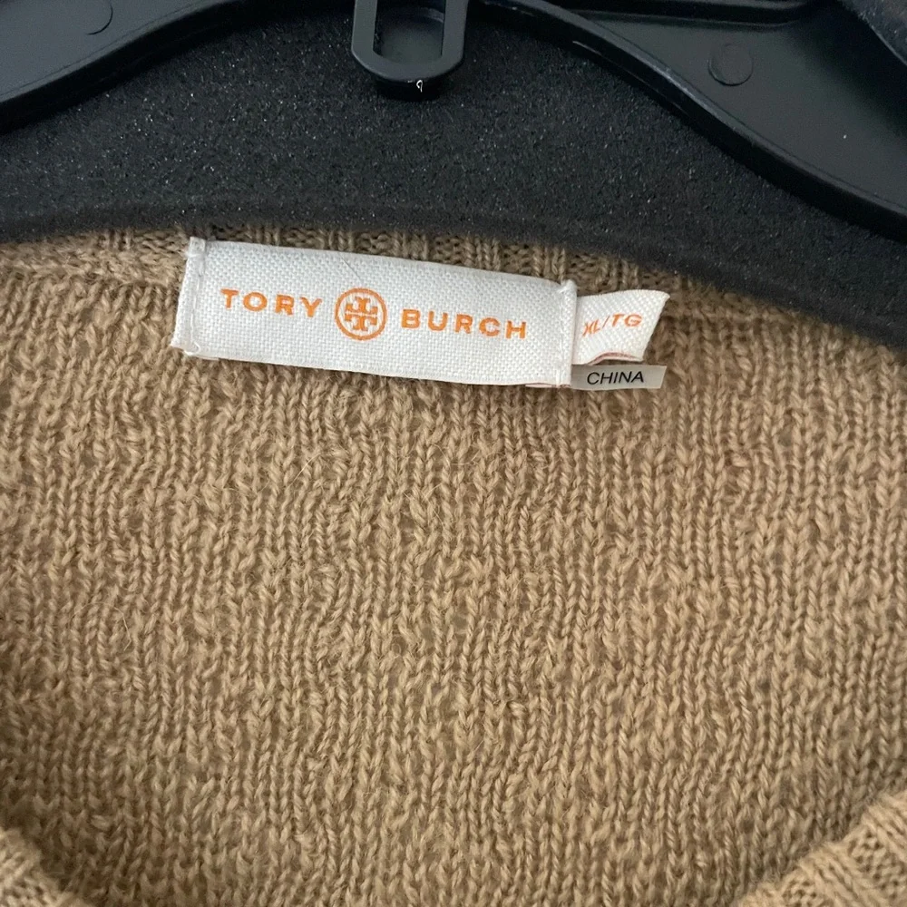 Tory Burch Camel/Tan Textured Crewneck Sweater with Decorative Buckle